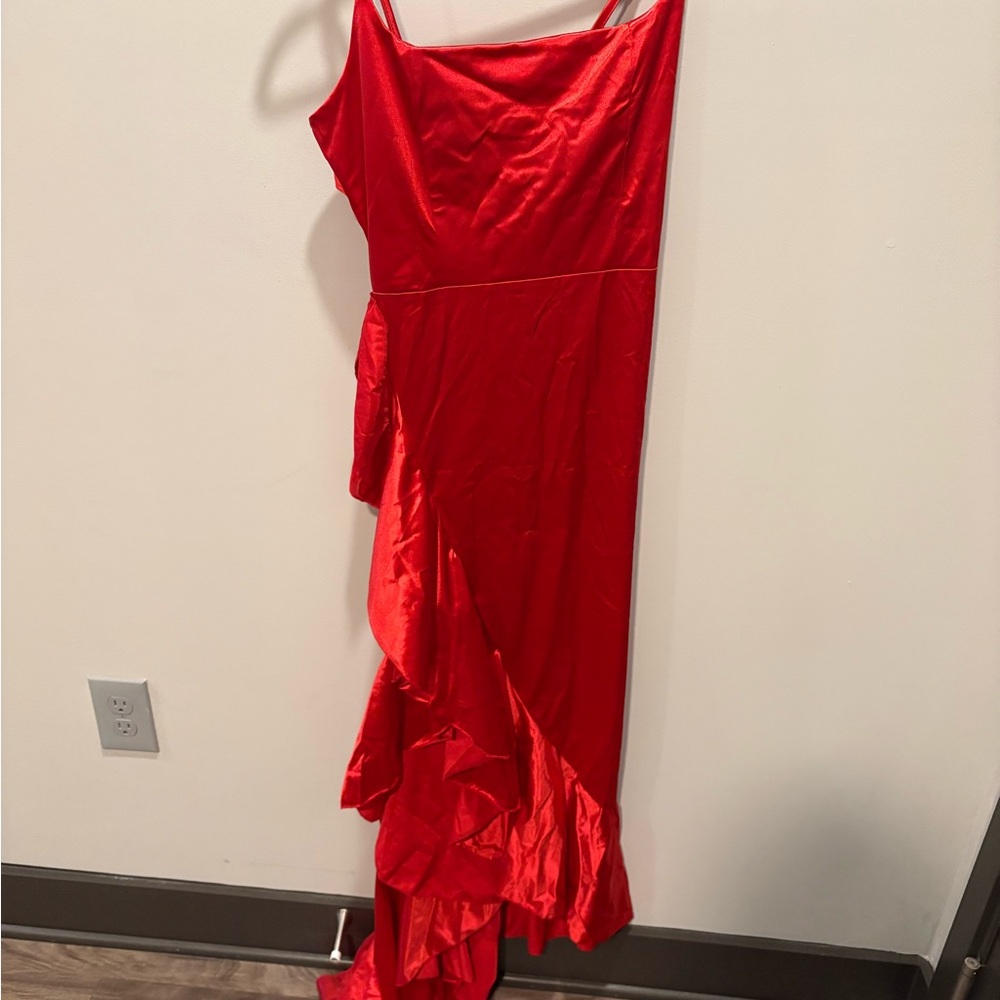 Red Satin Slip Dress with Ruffle Hem